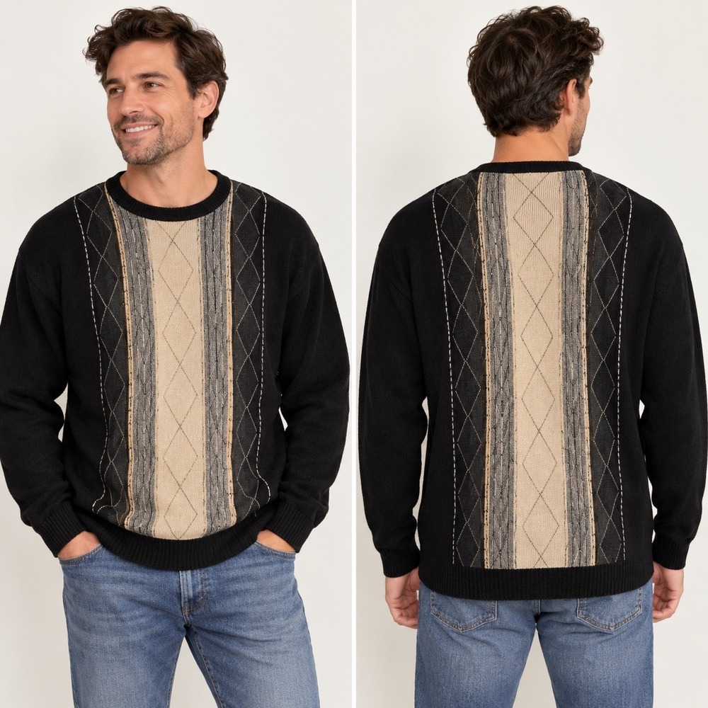 Pronto Uomo Men's XL Sweater Black Tan Argyle Geometric Cotton Blend Crewneck